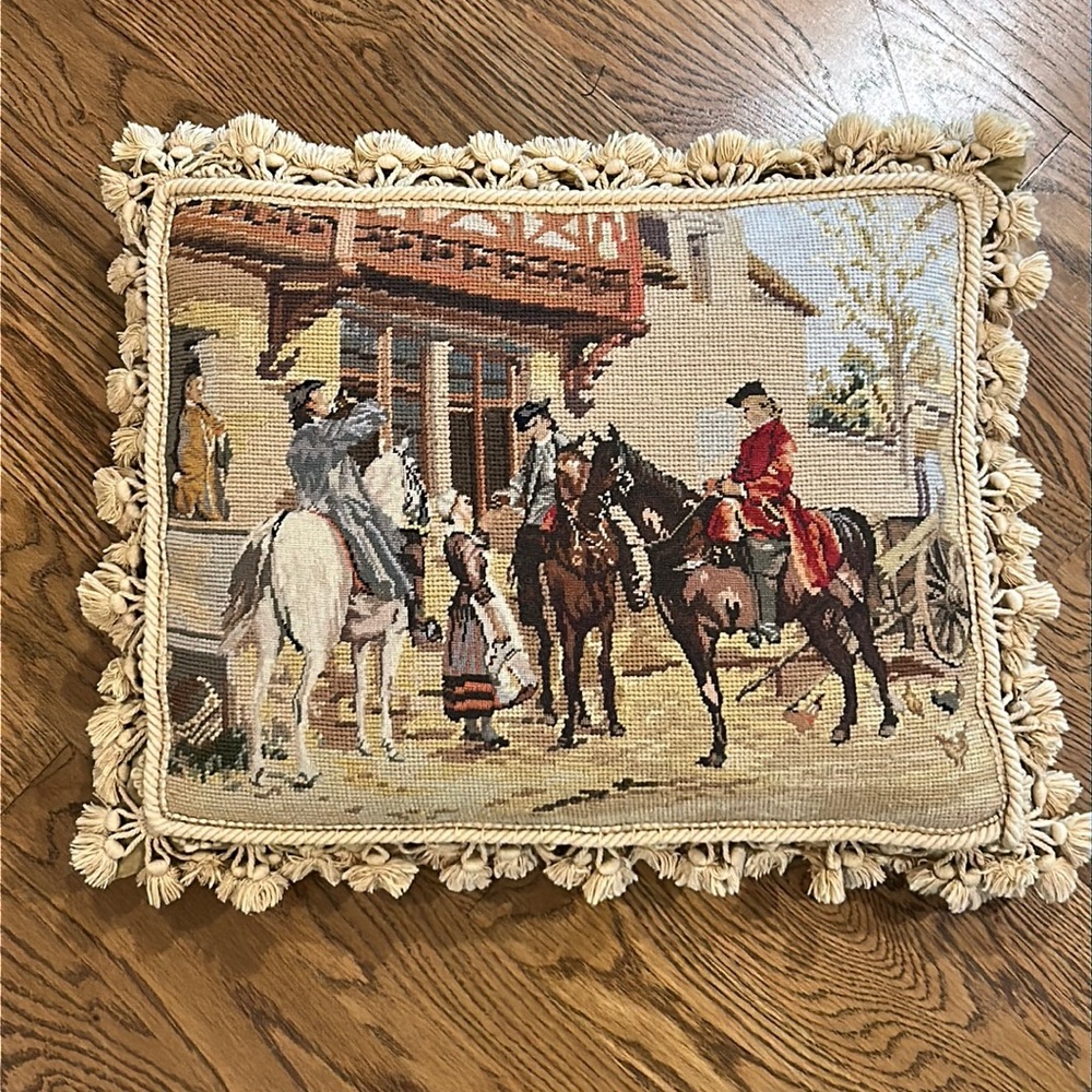 Vintage Needlepoint Colonial Pillow with Tassel Detail